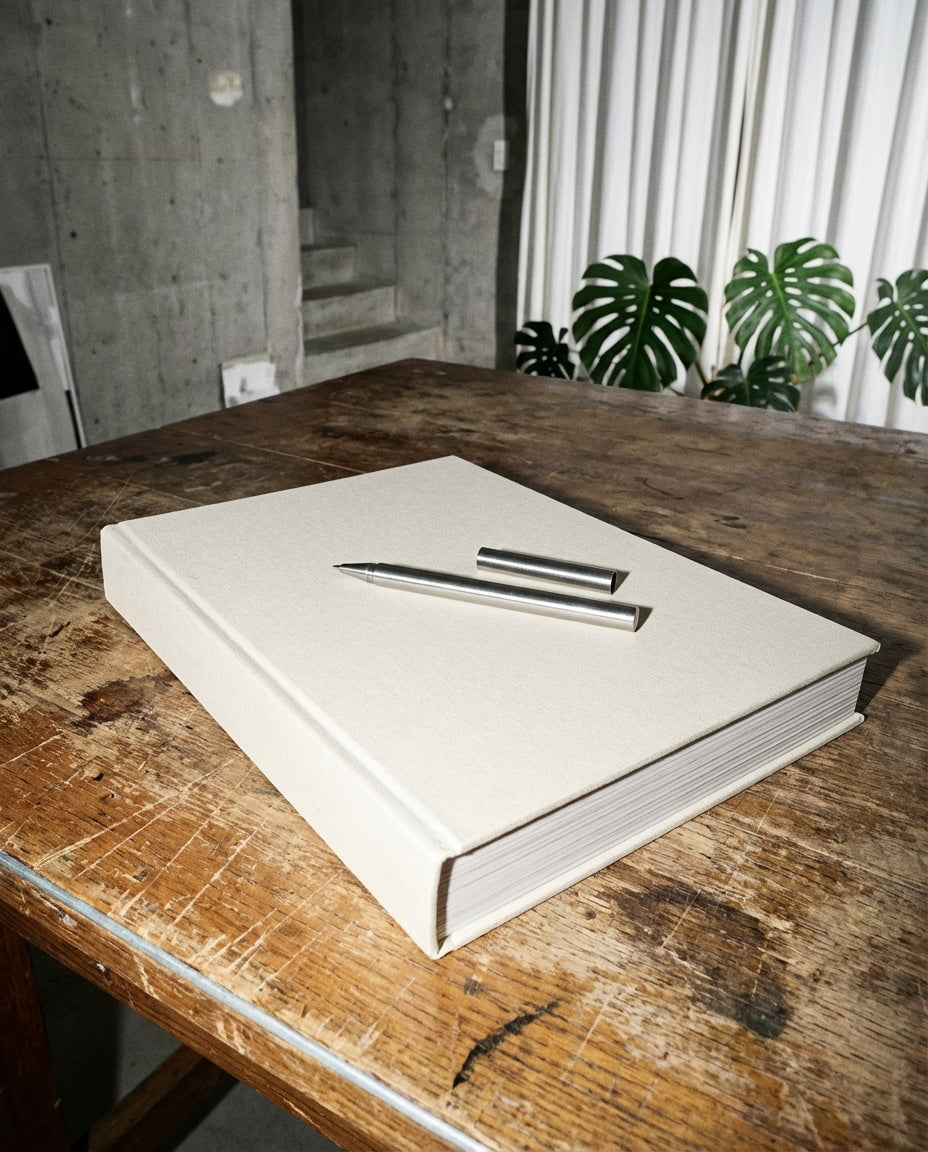 The Pen – stålkuglepen fra A Pen Company på en lys hardcover-bog i et moderne, minimalistisk rum med betontrapper, hvide gardiner og grøn monstera.