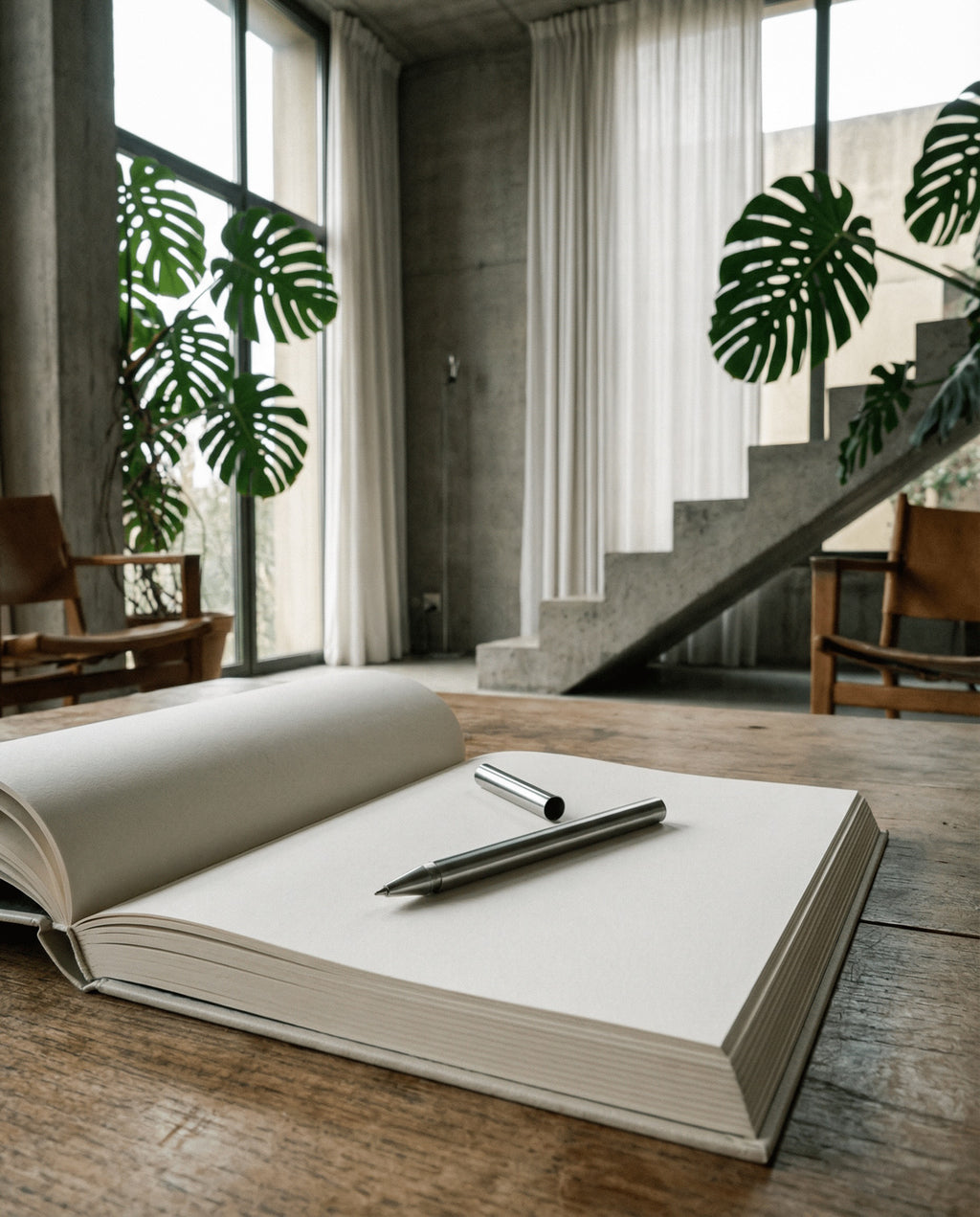 The Pen – stålkuglepen fra A Pen Company på en lys hardcover-bog i et moderne, minimalistisk rum med betontrapper, hvide gardiner og grøn monstera.
