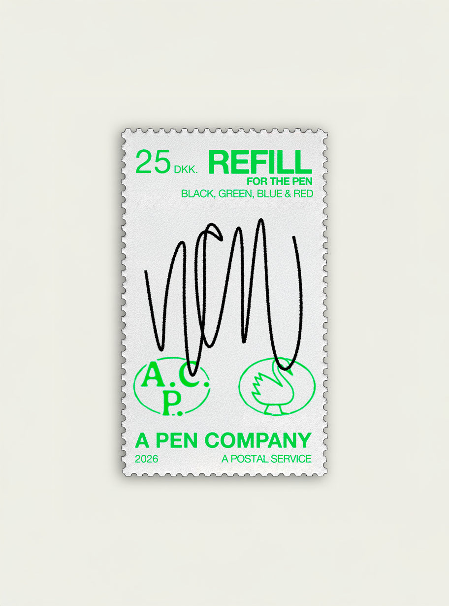 Illustration af frimærke med refill til design kuglepen fra A Pen Company, 25 DKK, i sort, grøn, blå og rød.